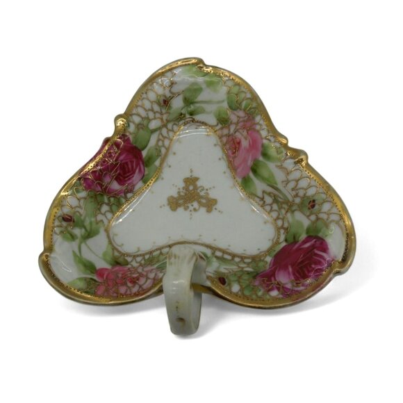 NIPPON Heart Shaped Dish Porcelain Trinket with Rose & Gold Moriage, Vintage - Picture 4 of 12